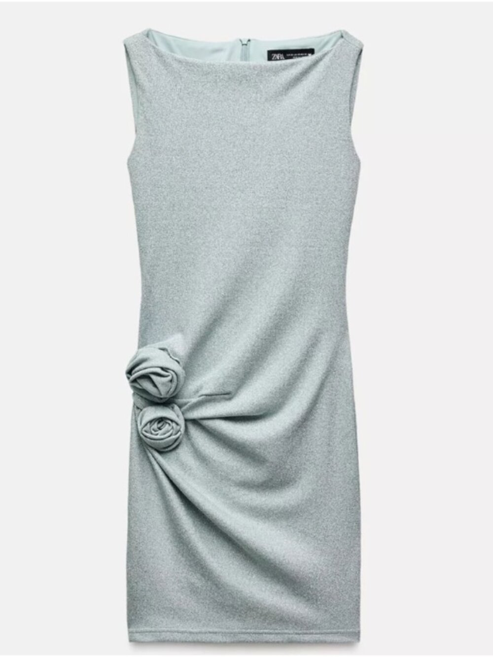 Zara Light Blue Shimmer Mini Dress with Rosette Detail Small